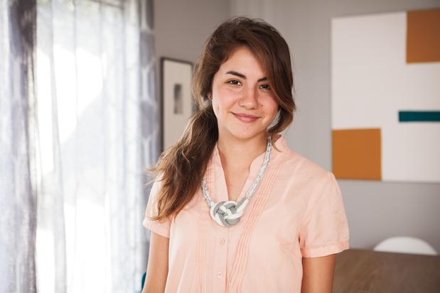 Photo of model wearing a gray and white version of the Piney Ridge Necklace