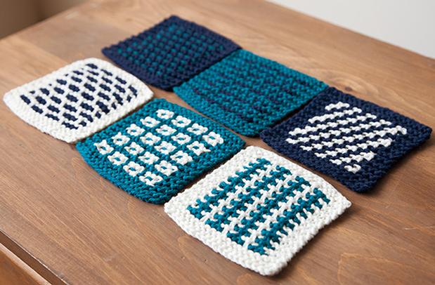 knit coasters in mosaic stitch pattern made by slipping stitches.