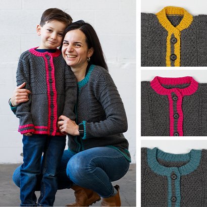 A woman and a small boy wearing the completed patterns for the Knit Along