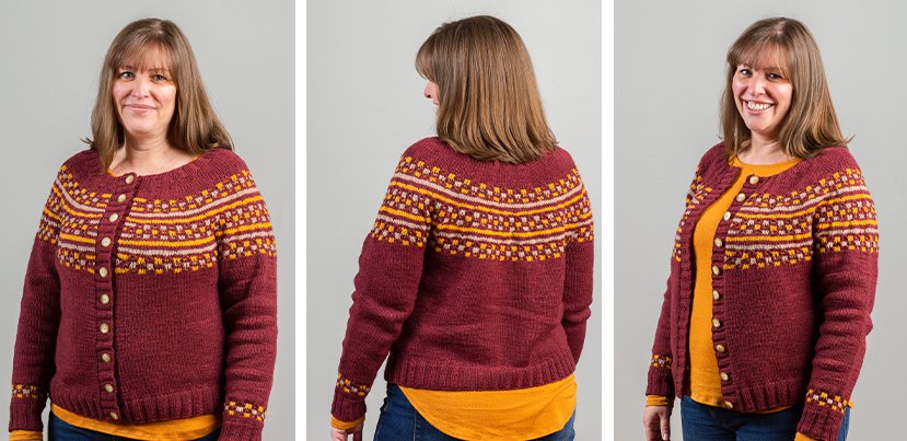 A woman wearing a red and yellow cardigan, shown in three different poses: front, back, and side