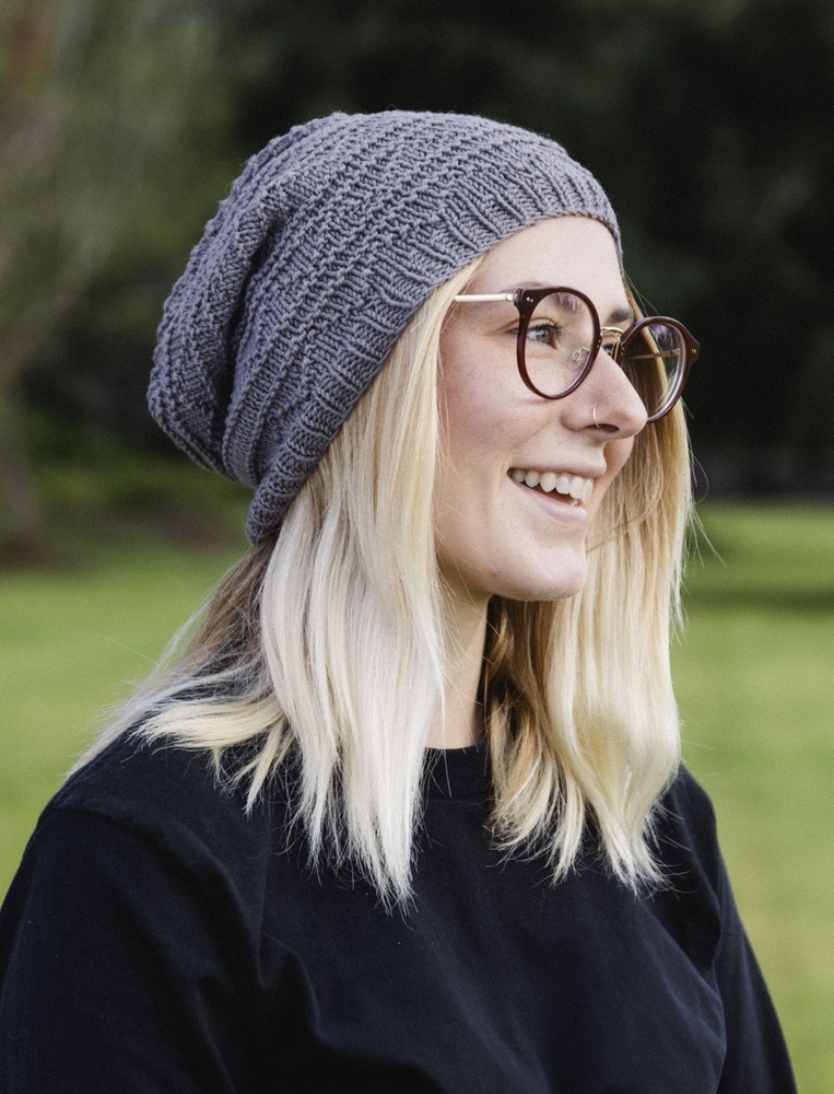 Baby Slouchy Beanie Hat Solid Grey With Black Damask Band 