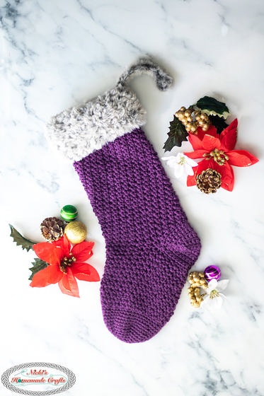 Broken Rib Stitch Christmas Stocking with Faux Fur Trim Knitting pattern by  Nourish and Nestle