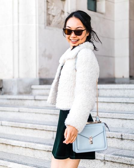 White faux fur coat with leather