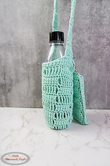 Crochet Water Bottle Holder with Phone Pocket & Adjustable Strap