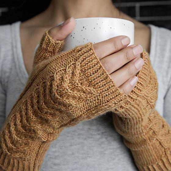 Fingerless Gloves Hand Knit Ladies' Gold Merino Wool & Silk Cabled