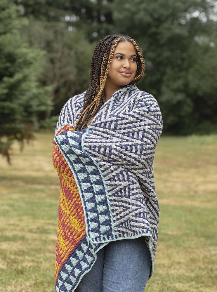 Crochet Blanket Afghan Throw Blue & White Stripes Wool 36" x  54" Good Condition