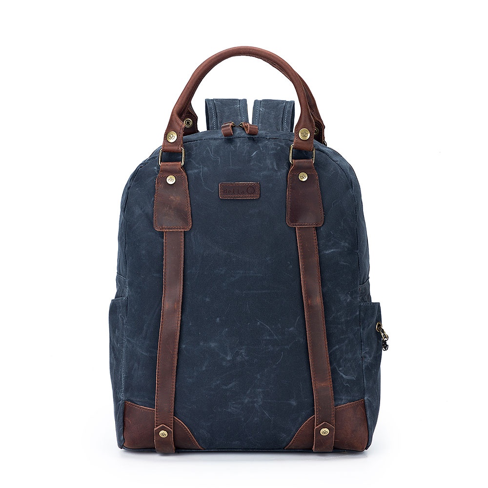 396-3-2226 - q laptop backpack Kenneth Cole Reaction Navy Chevron Quilted Padded front pocket accomodates smaller tech up to an iPad mini della Q Maker's Canvas Backpack