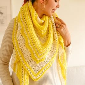 Blue and Yellow Striped Knitted Lace Shawl or Triangle Scarf | Merino Wool  | Blue White Yellow | Free Shawl Pin