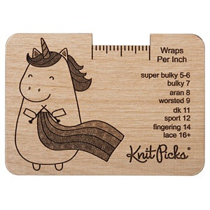knit picks wooden wraps per inch tool with a unicorn knitting a scarf on it